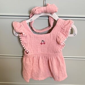 Rabbit Bear Organic Pink Cherry Embroidered baby Dress with Headband. New
